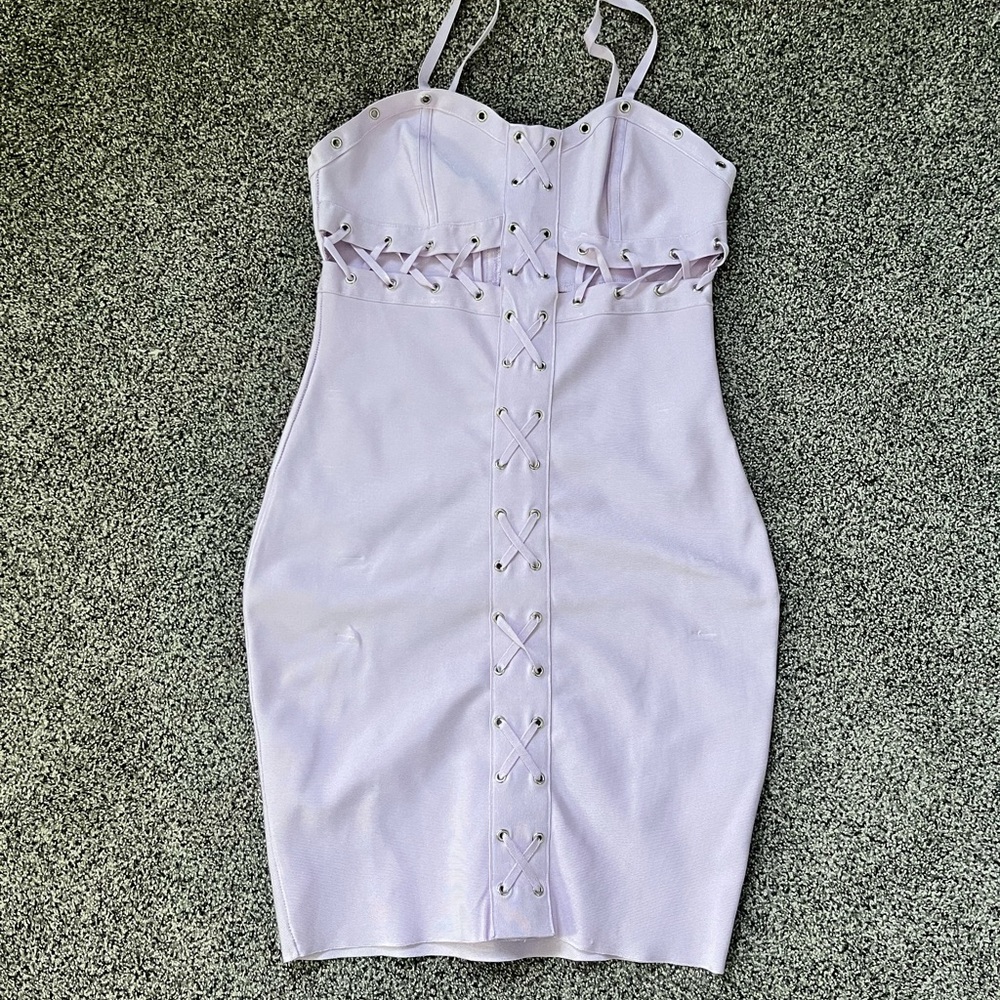 AKIRA Lavender Mini Dress with Lace-Up Detail